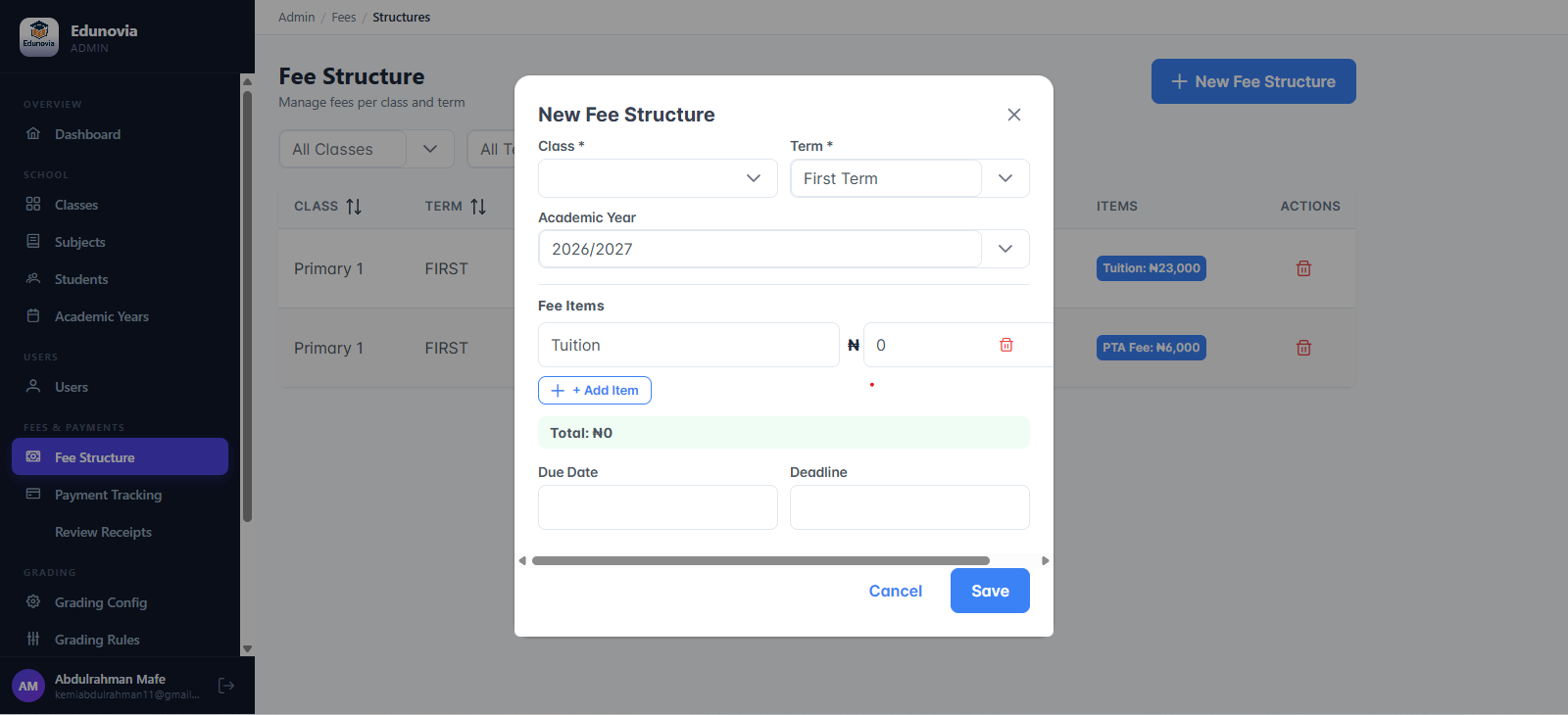 Create Fee Structure