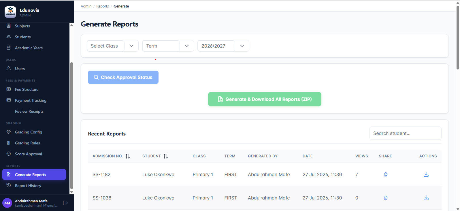 Report Generation by School Admin