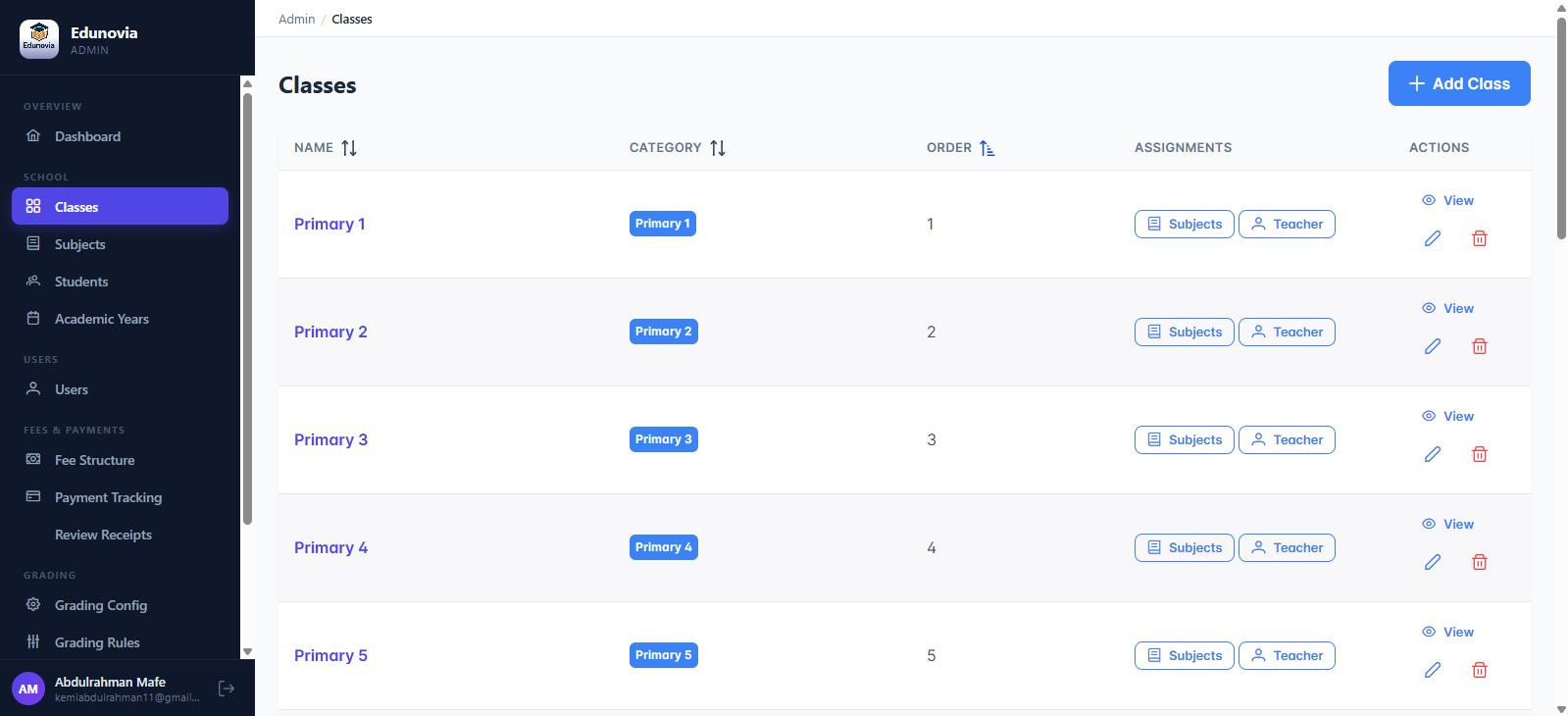 School Admin Classes Page